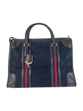 Gucci Sherry Line Navy Gold Hardware Suede Leather Handbag